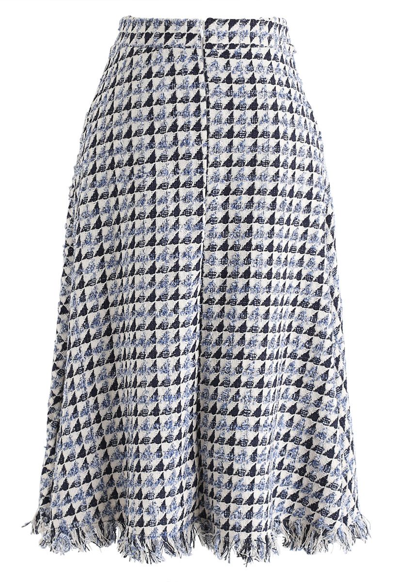 Tassel Hem Textured Tweed Asymmetric Skirt in Navy