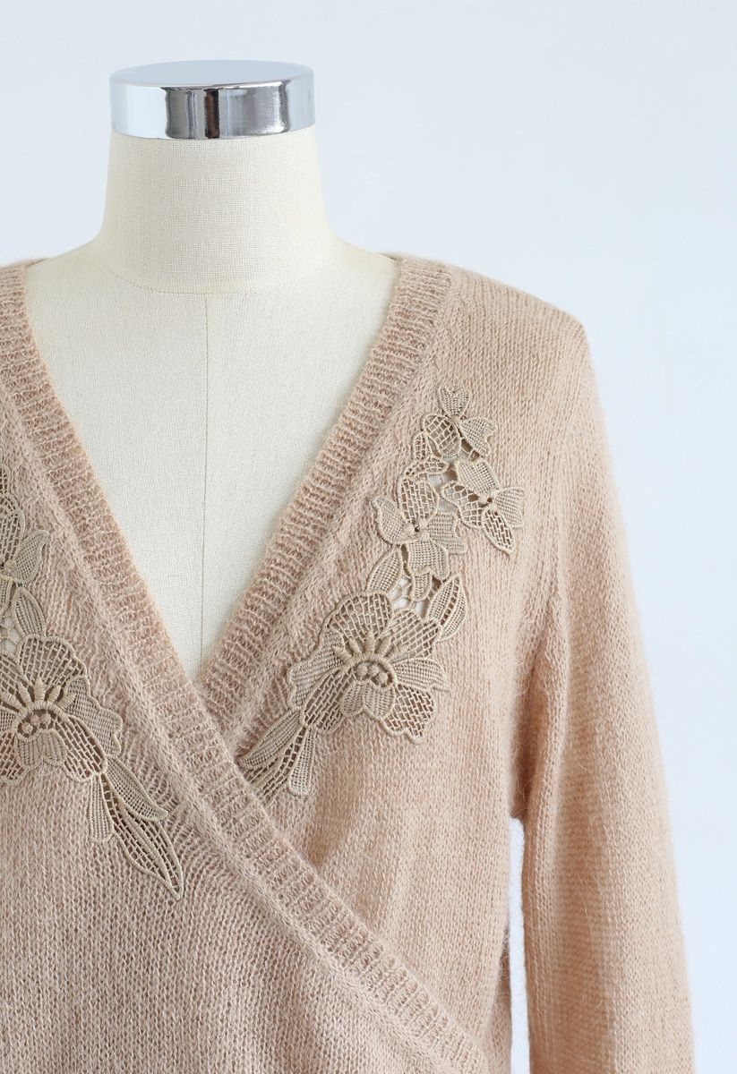 Floral Crochet Trim Wrap Knit Top in Tan