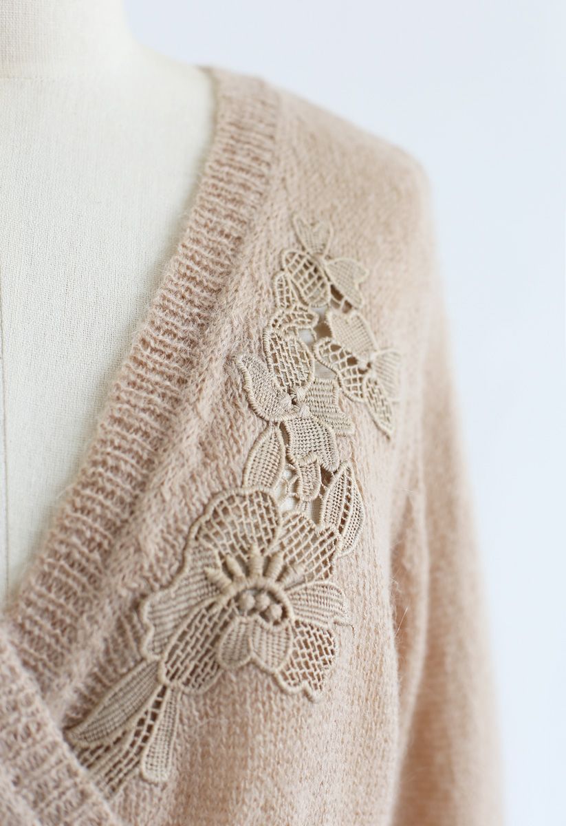 Floral Crochet Trim Wrap Knit Top in Tan