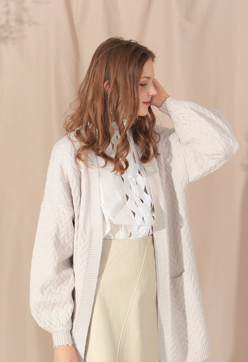 Puff Sleeves Cable Knit Cardigan in Ivory - Retro, Indie and Unique Fashion