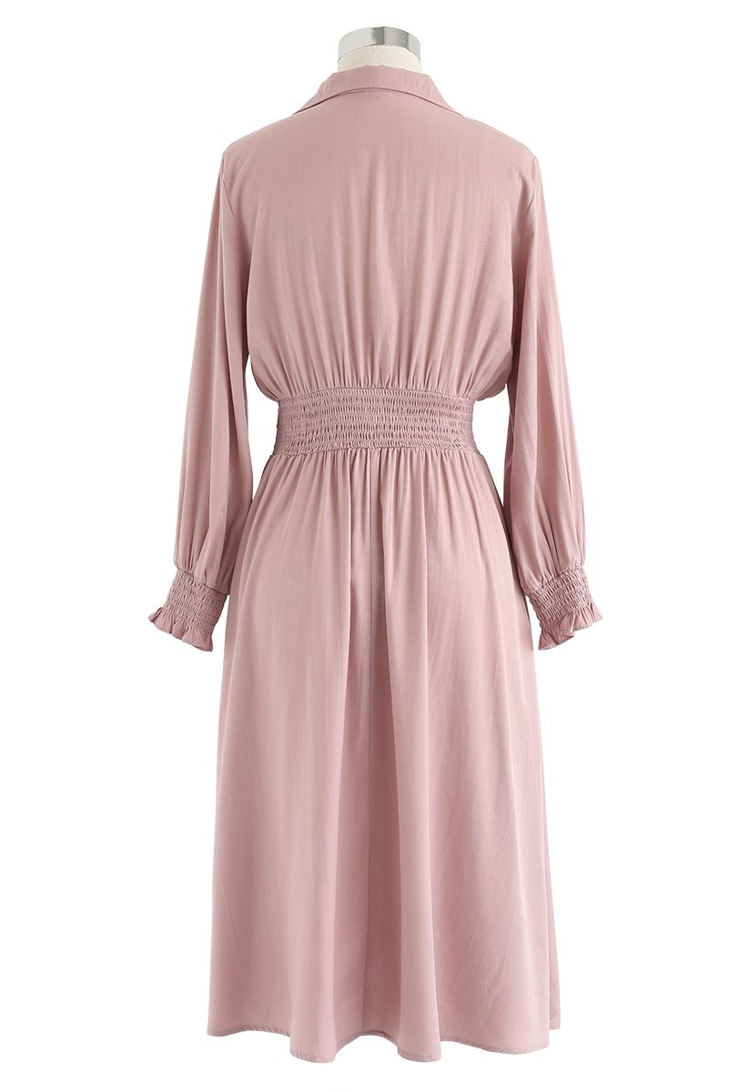 Button Trim Shirred Waist Midi Dress in Pink - Retro, Indie and Unique ...