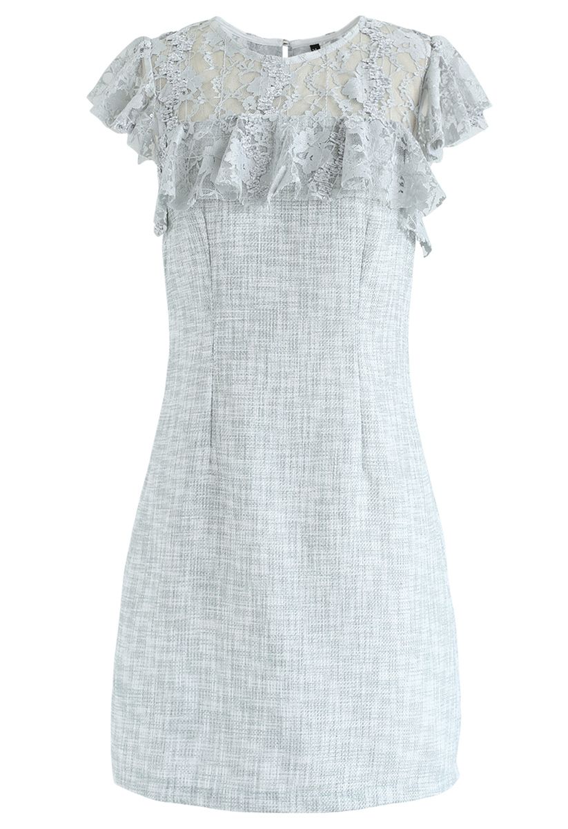 Lace Trim Ruffle Textured Dress in Light Blue