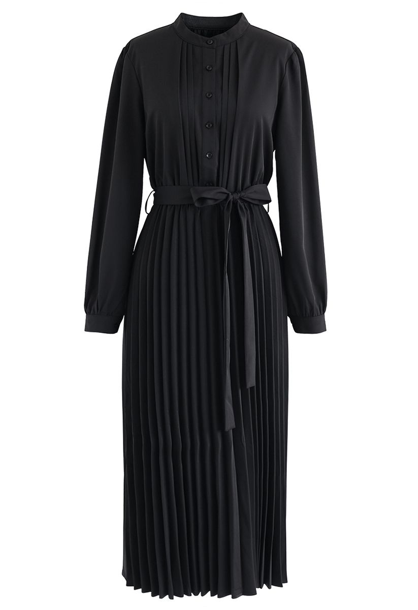 Self-Tied Bowknot Pleated Midi Dress in Black