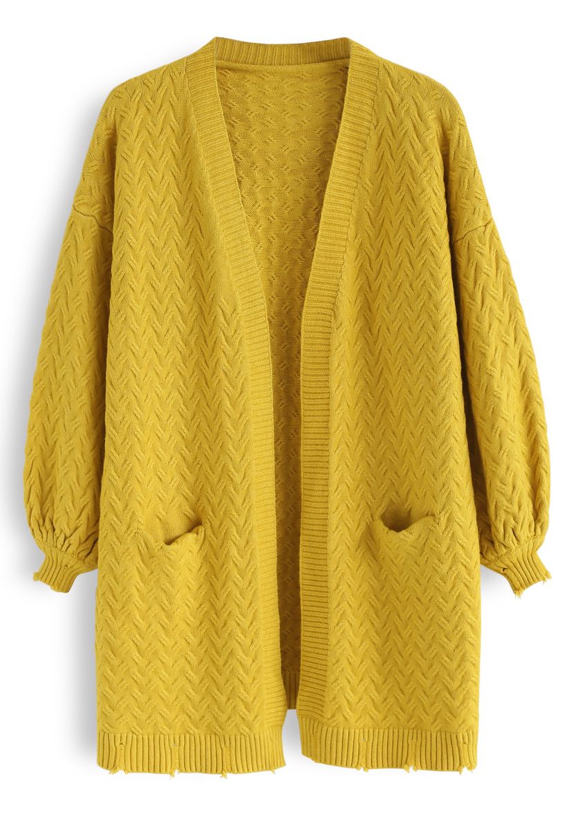 Puff Sleeves Cable Knit Cardigan in Mustard