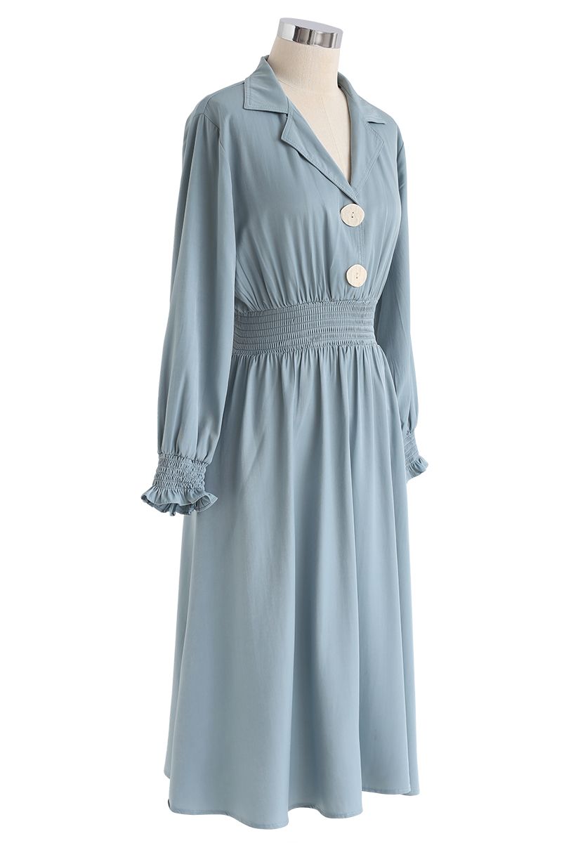 Button Trim Shirred Waist Midi Dress in Blue