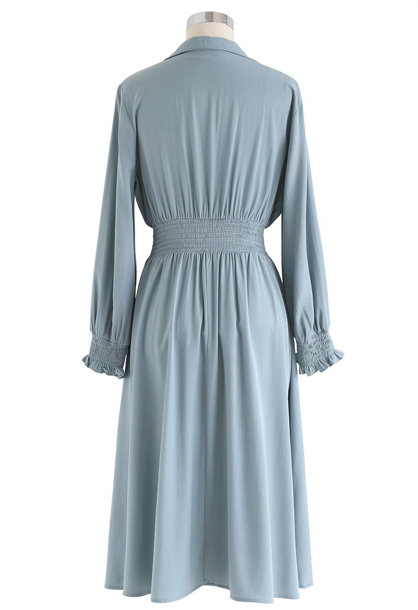 Button Trim Shirred Waist Midi Dress in Blue