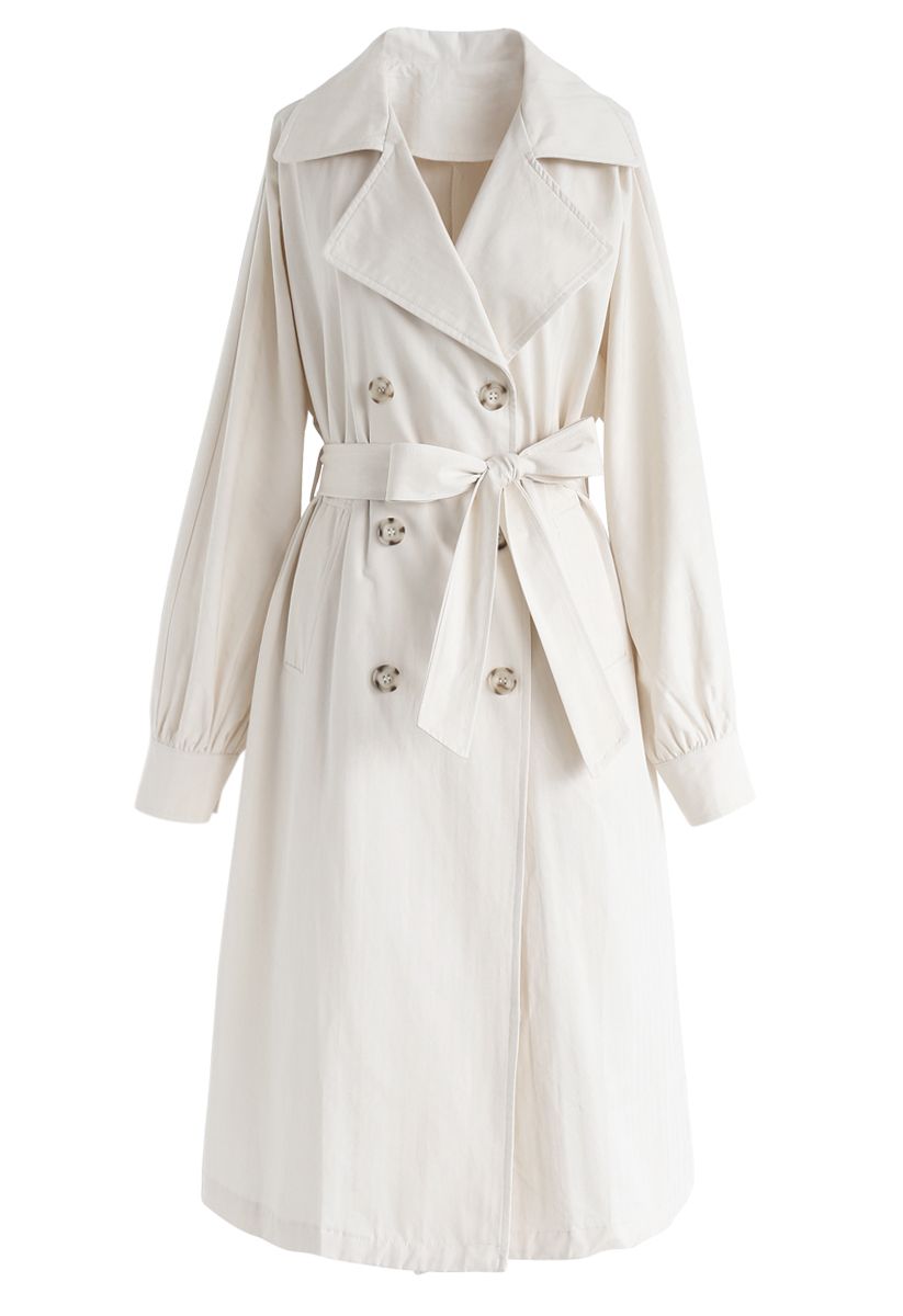 Belted Double-Breasted Longline Coat in Cream - Retro, Indie and Unique ...