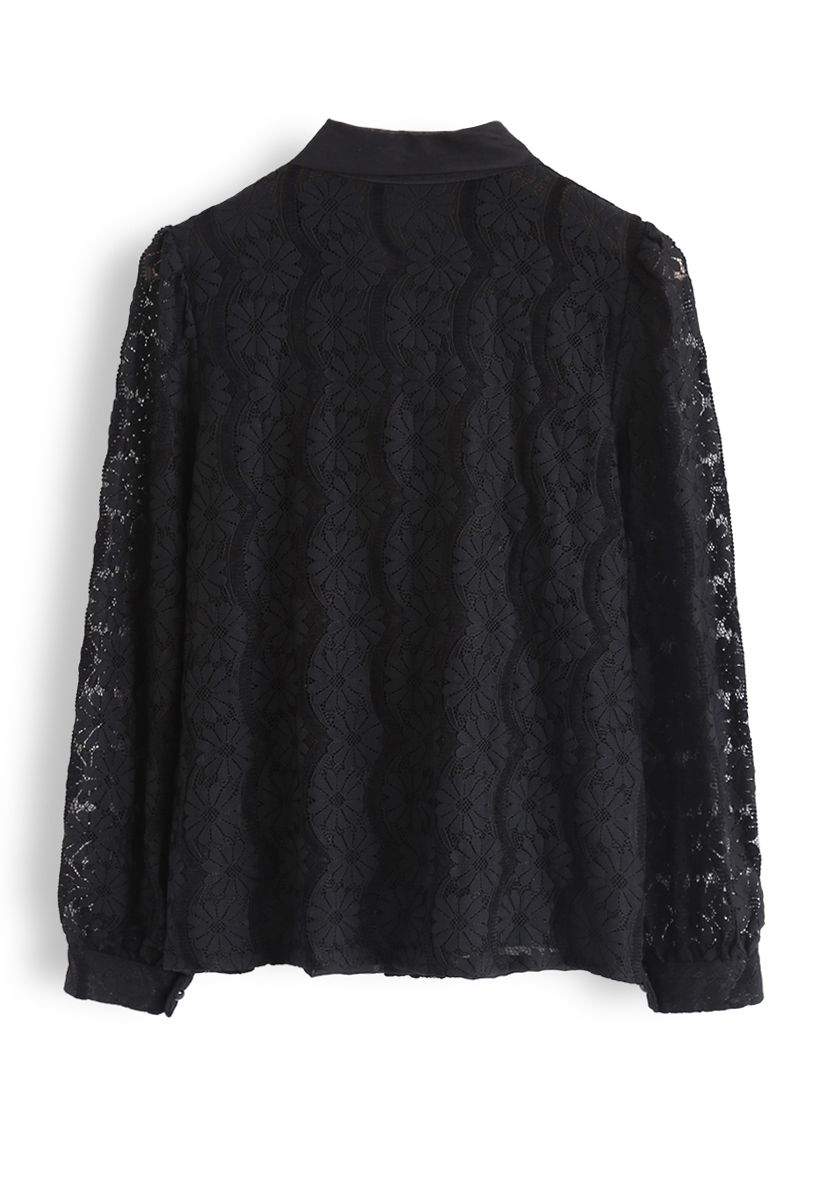 Floral Lace Bow Neck Shirt in Black