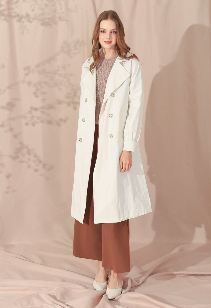 Belted Double-Breasted Longline Coat in Cream