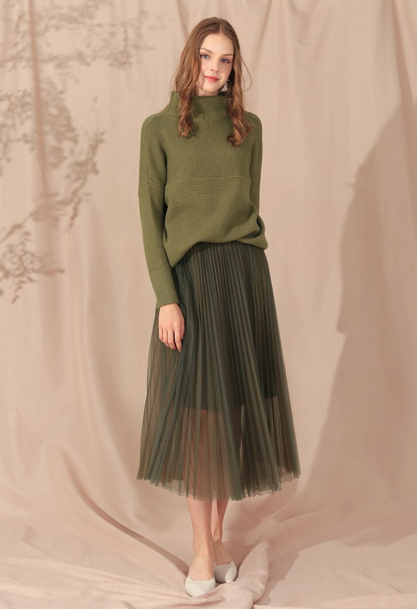 Cozy Ribbed Turtleneck Sweater in Army Green - Retro, Indie and Unique ...
