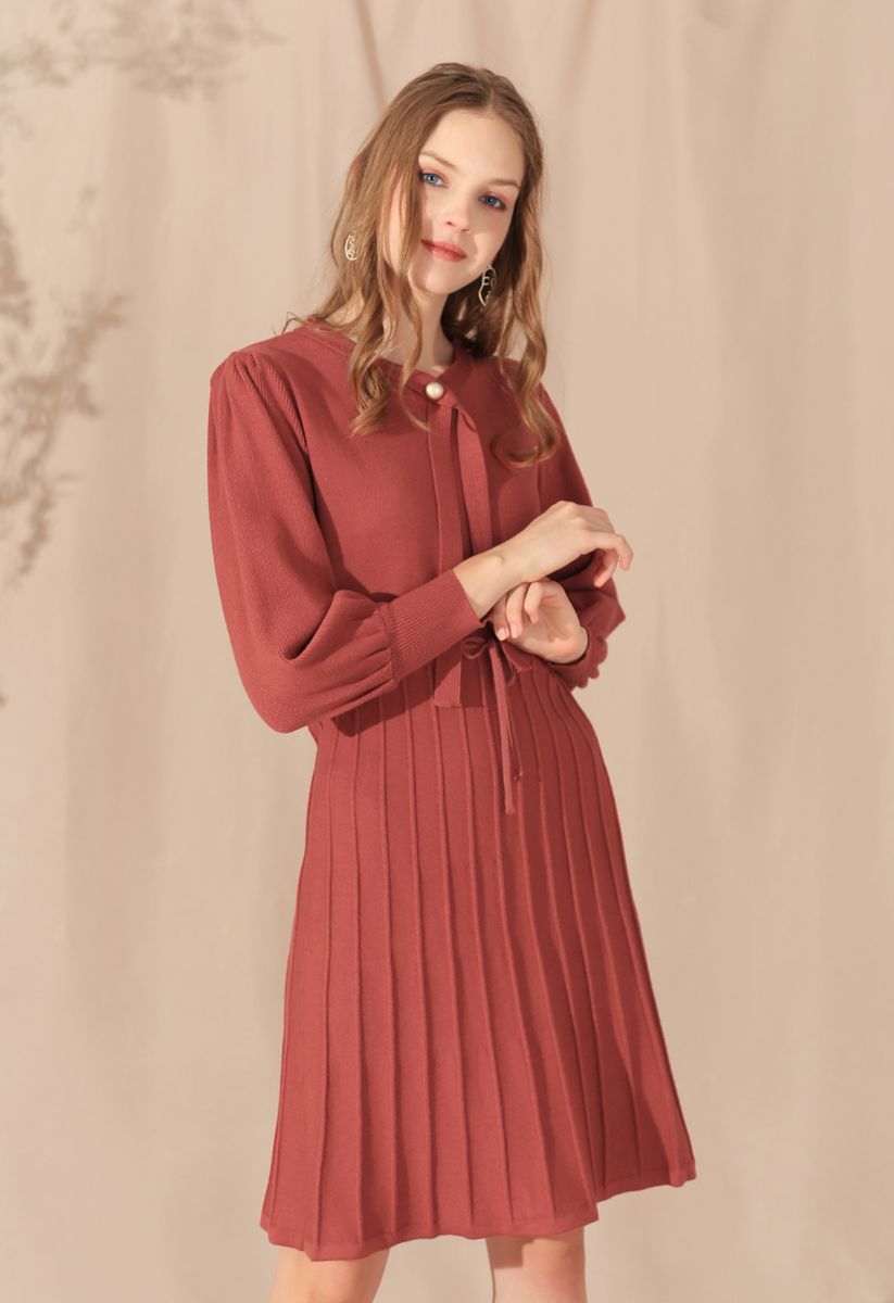 Puff Sleeves Drawstring Pleated Knit Midi Dress in Red
