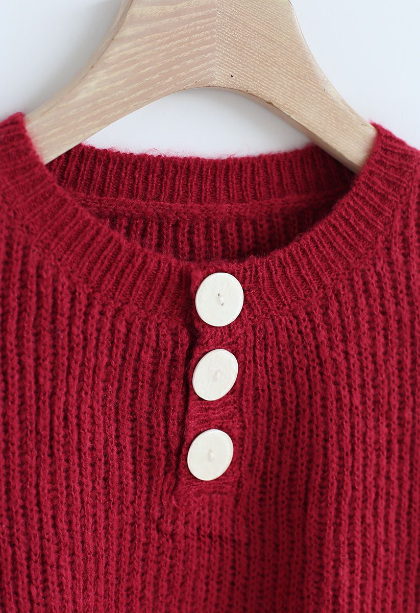 Buttoned Neck Oversize Sweater in Red