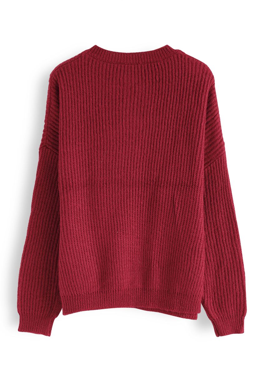Buttoned Neck Oversize Sweater in Red - Retro, Indie and Unique Fashion