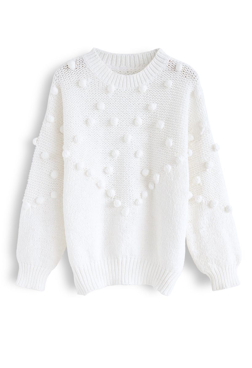 Pom-Pom Trim Chunky Knit Sweater in White