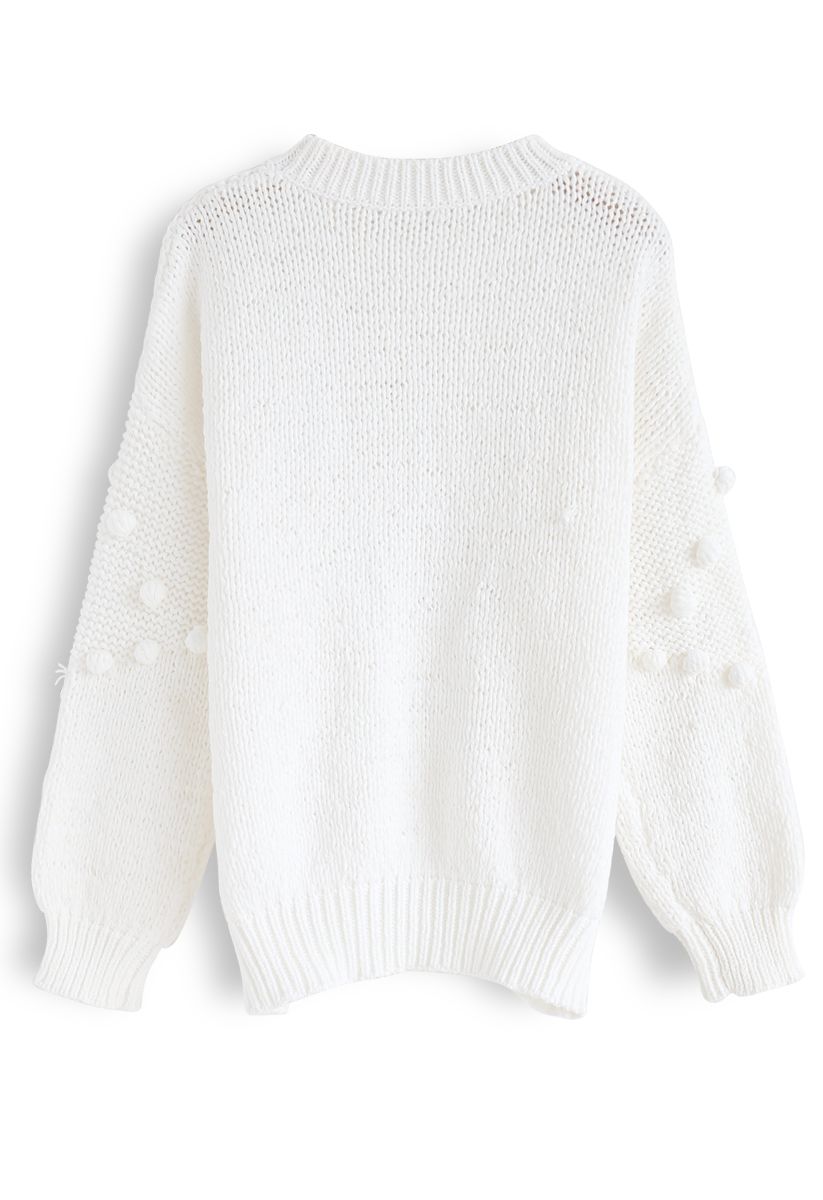 Pom-Pom Trim Chunky Knit Sweater in White