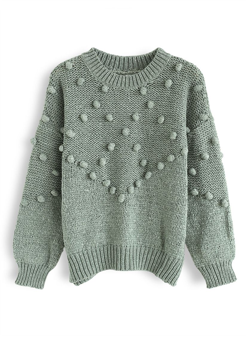 Pom-Pom Trim Chunky Knit Sweater in Green
