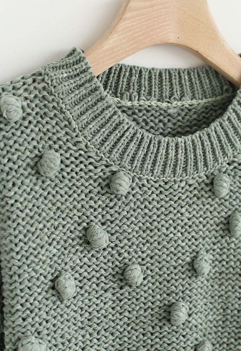 Pom-Pom Trim Chunky Knit Sweater in Green