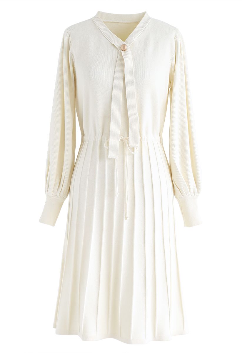 Puff Sleeves Drawstring Pleated Knit Midi Dress in Cream
