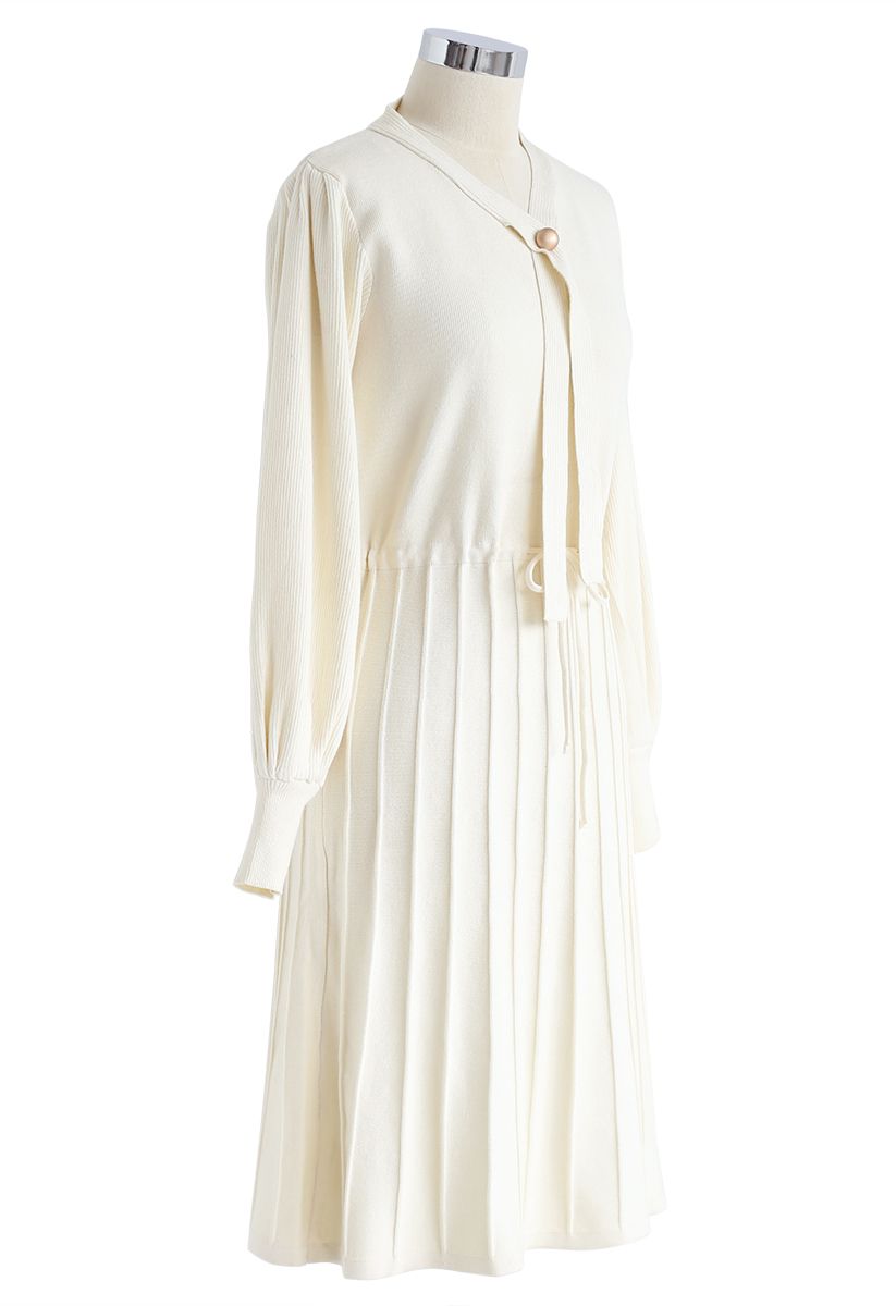 Puff Sleeves Drawstring Pleated Knit Midi Dress in Cream