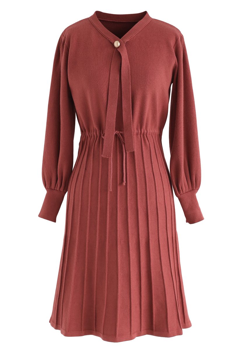 Puff Sleeves Drawstring Pleated Knit Midi Dress in Red