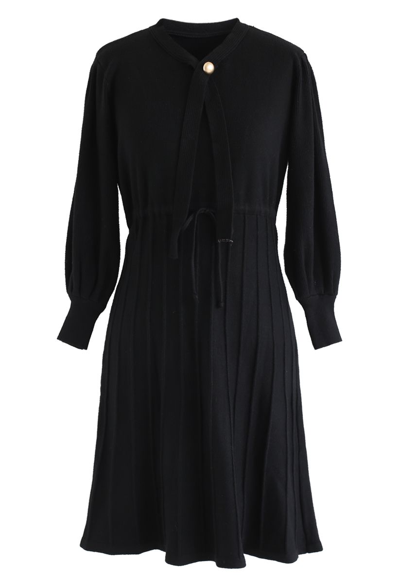 Puff Sleeves Drawstring Pleated Knit Midi Dress in Black