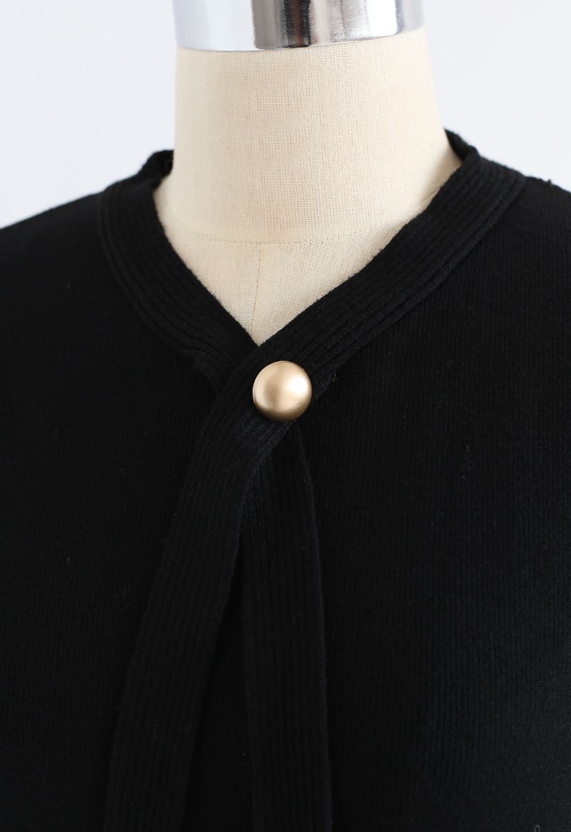 Puff Sleeves Drawstring Pleated Knit Midi Dress in Black - Retro, Indie ...
