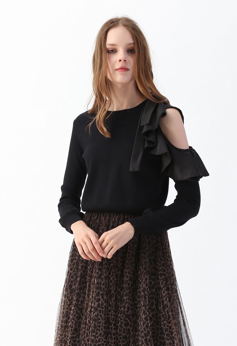 Ruffle Cut Out Sleeves Knit Top in Black
