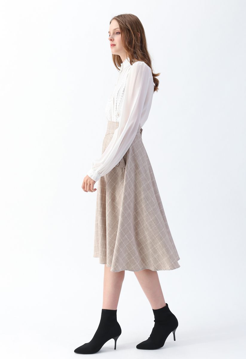 Classic Simplicity Grid A-Line Midi Skirt - Retro, Indie and Unique Fashion
