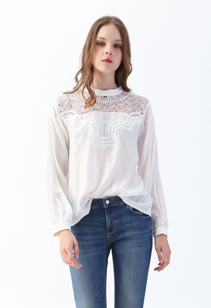 Hollow Out Crochet Sleeves Top in Ivory - Retro, Indie and Unique Fashion
