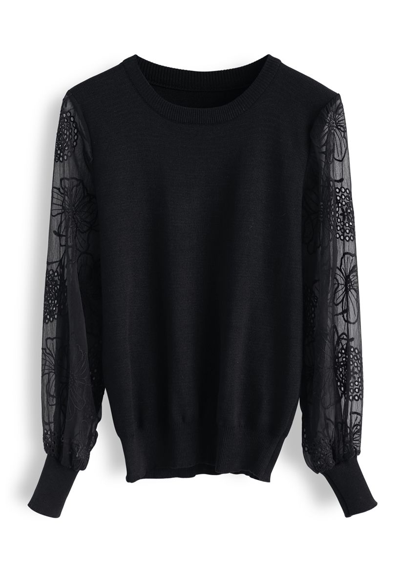 Floral Embroidered Sheer Sleeves Knit Sweater in Black