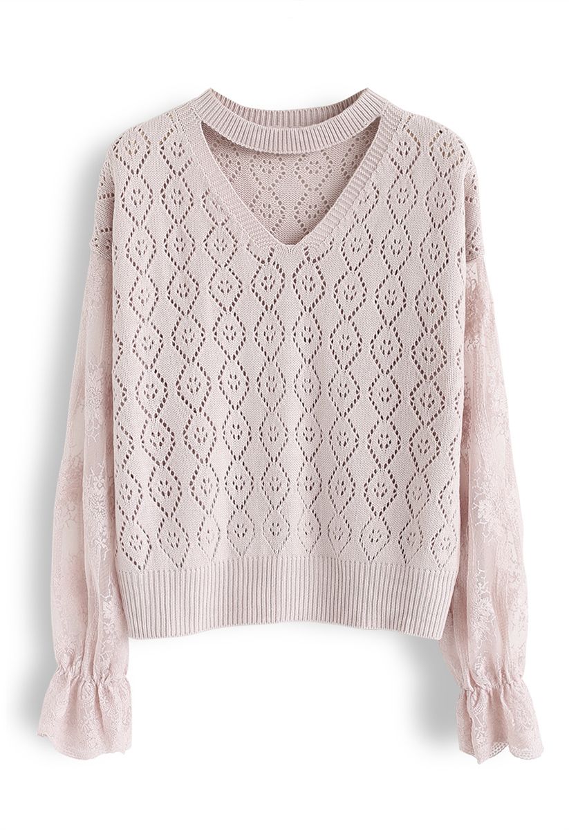 Delicacy Embroidery Sleeves Hollow Out Knit Sweater in Pink - Retro ...