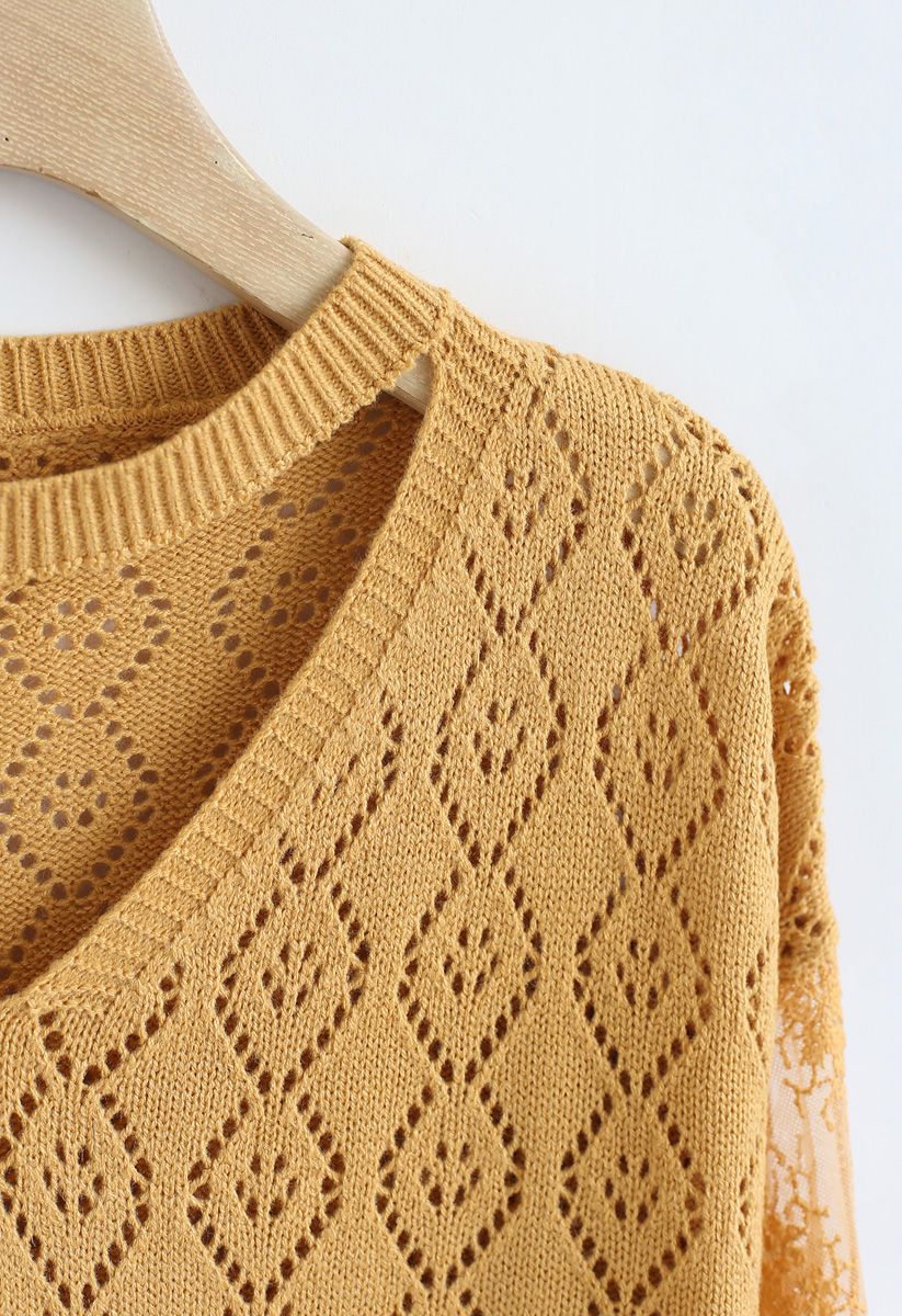 Delicacy Embroidery Sleeves Hollow Out Knit Sweater in Mustard - Retro ...