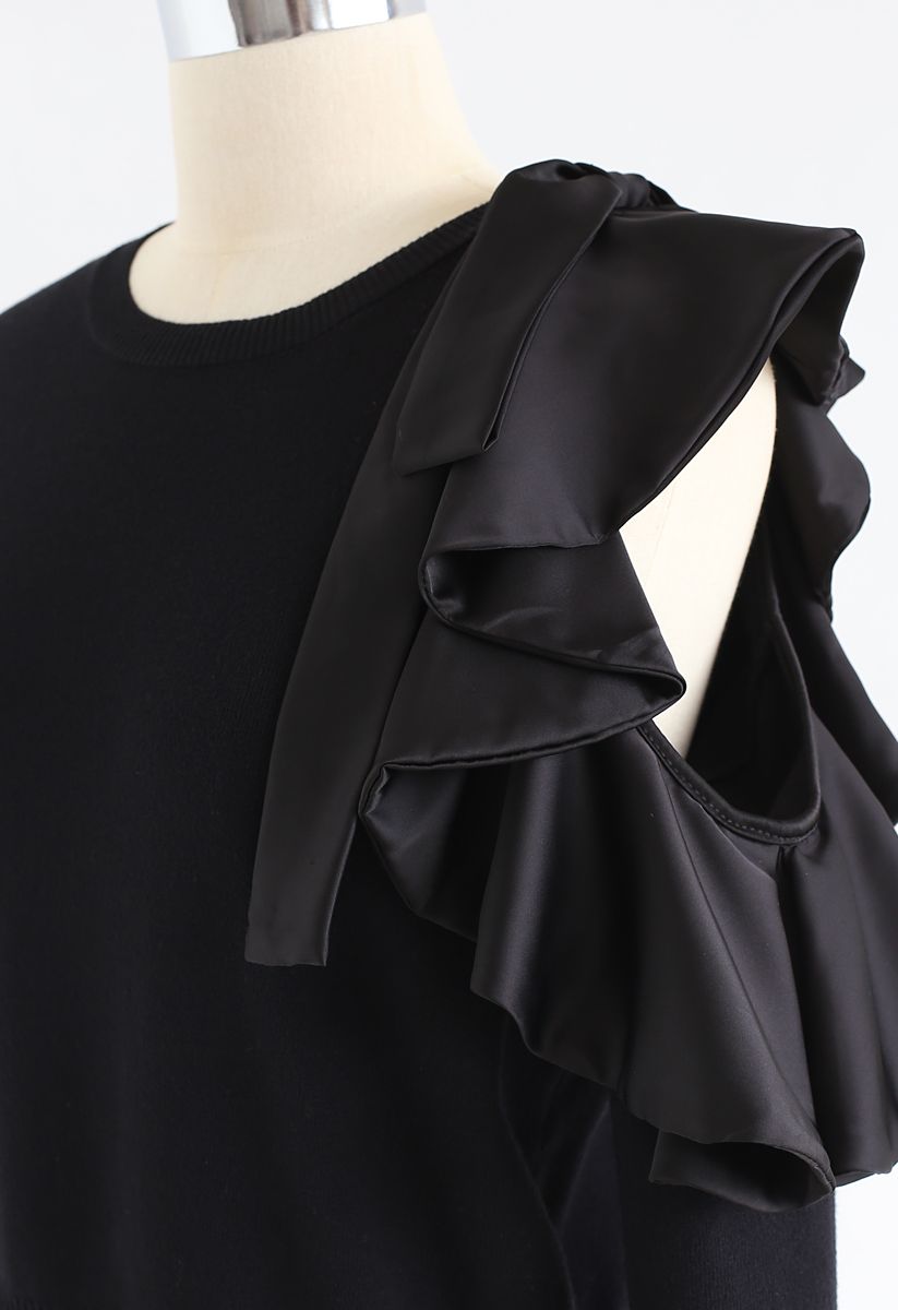 Ruffle Cut Out Sleeves Knit Top in Black