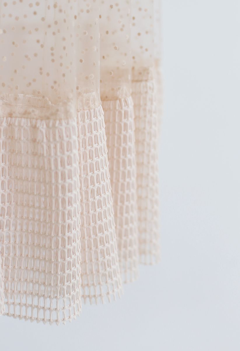 Eyelet Dots Mesh Overlay Midi Skirt in Cream