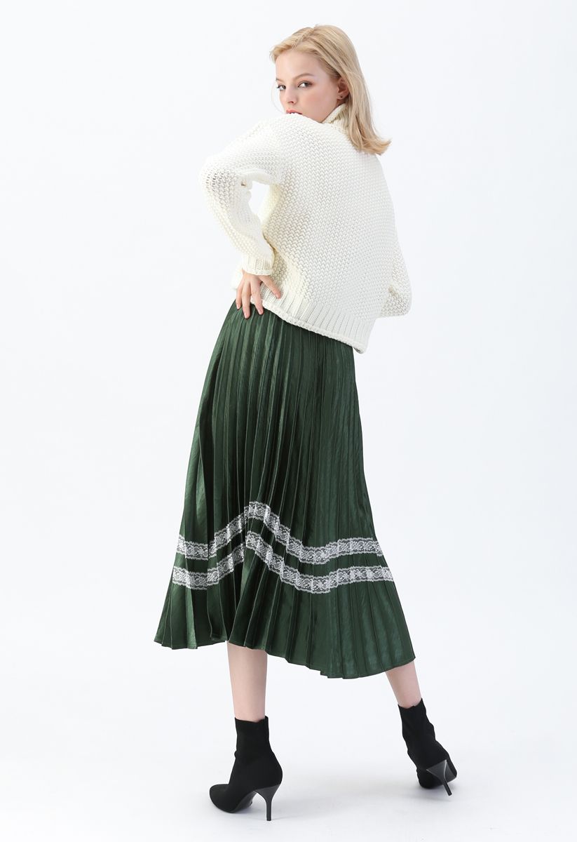 Lace Trimmed Satin Pleated Midi Skirt in Emerald