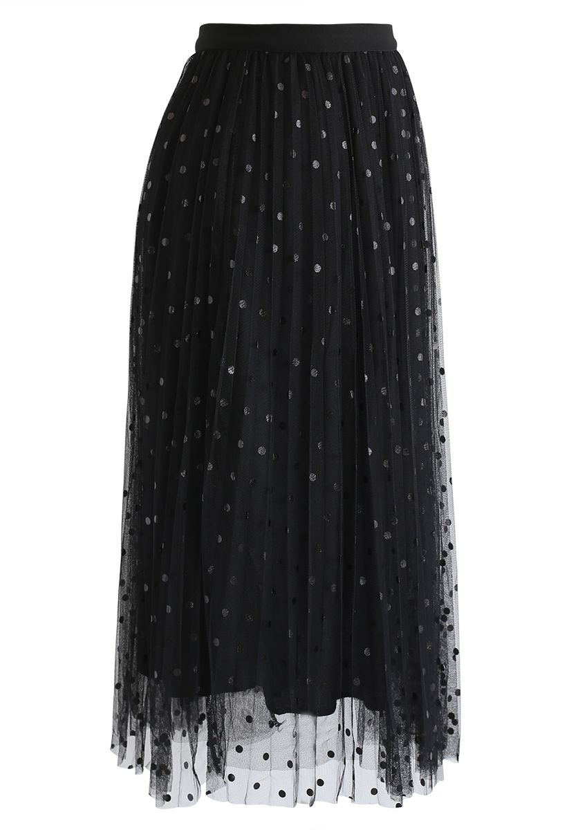 Polka Dot Double-Layered Mesh Tulle Skirt in Black - Retro, Indie and ...
