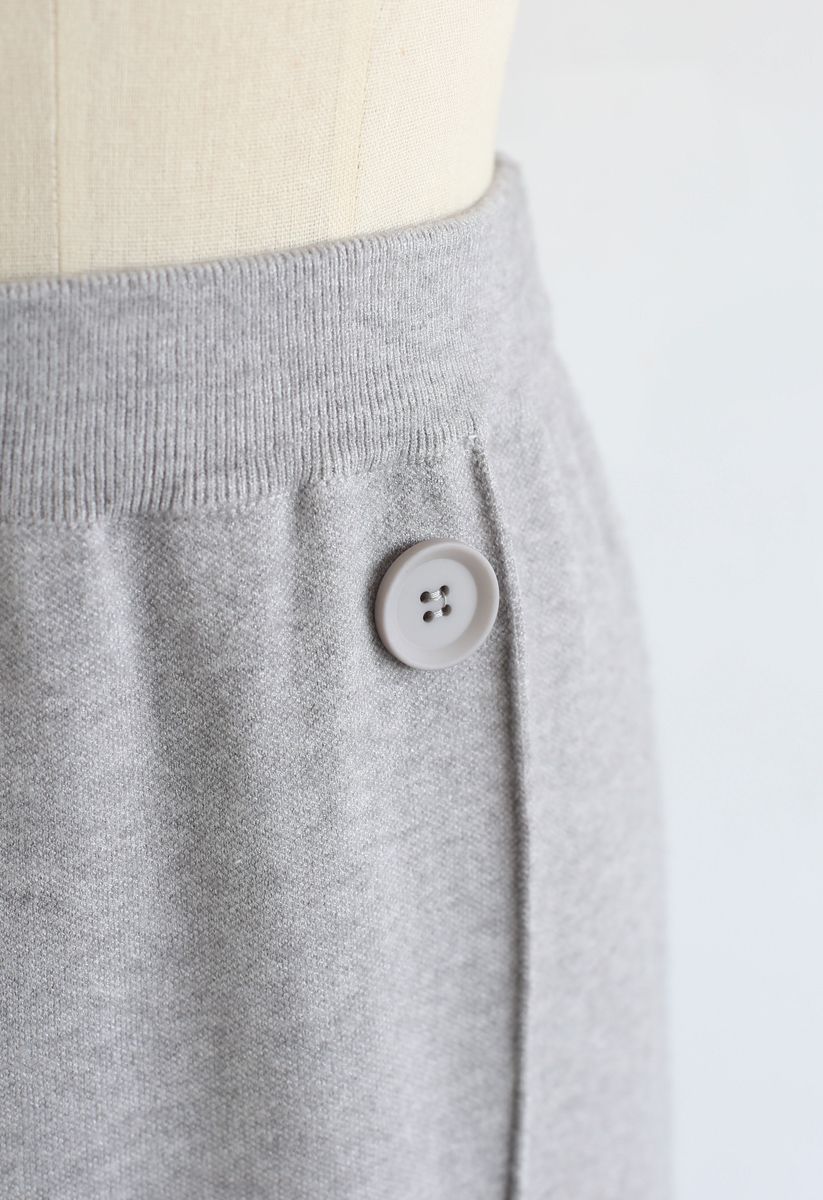 Button Trim Knit Midi Skirt in Grey