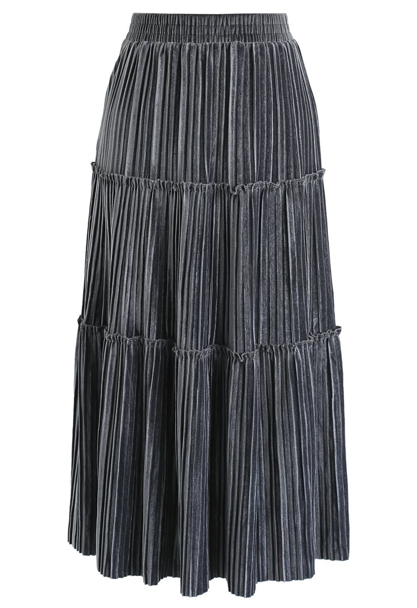 Full Pleated A-Line Velvet Skirt in Grey - Retro, Indie and Unique Fashion