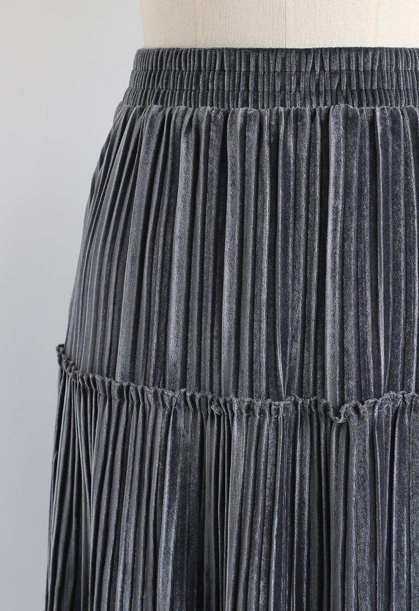 Full Pleated A-Line Velvet Skirt in Grey