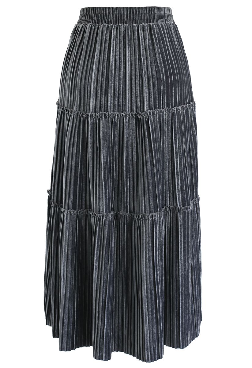 Full Pleated A-Line Velvet Skirt in Grey