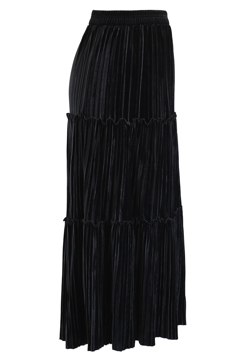 Full Pleated A-Line Velvet Skirt in Black - Retro, Indie and Unique Fashion