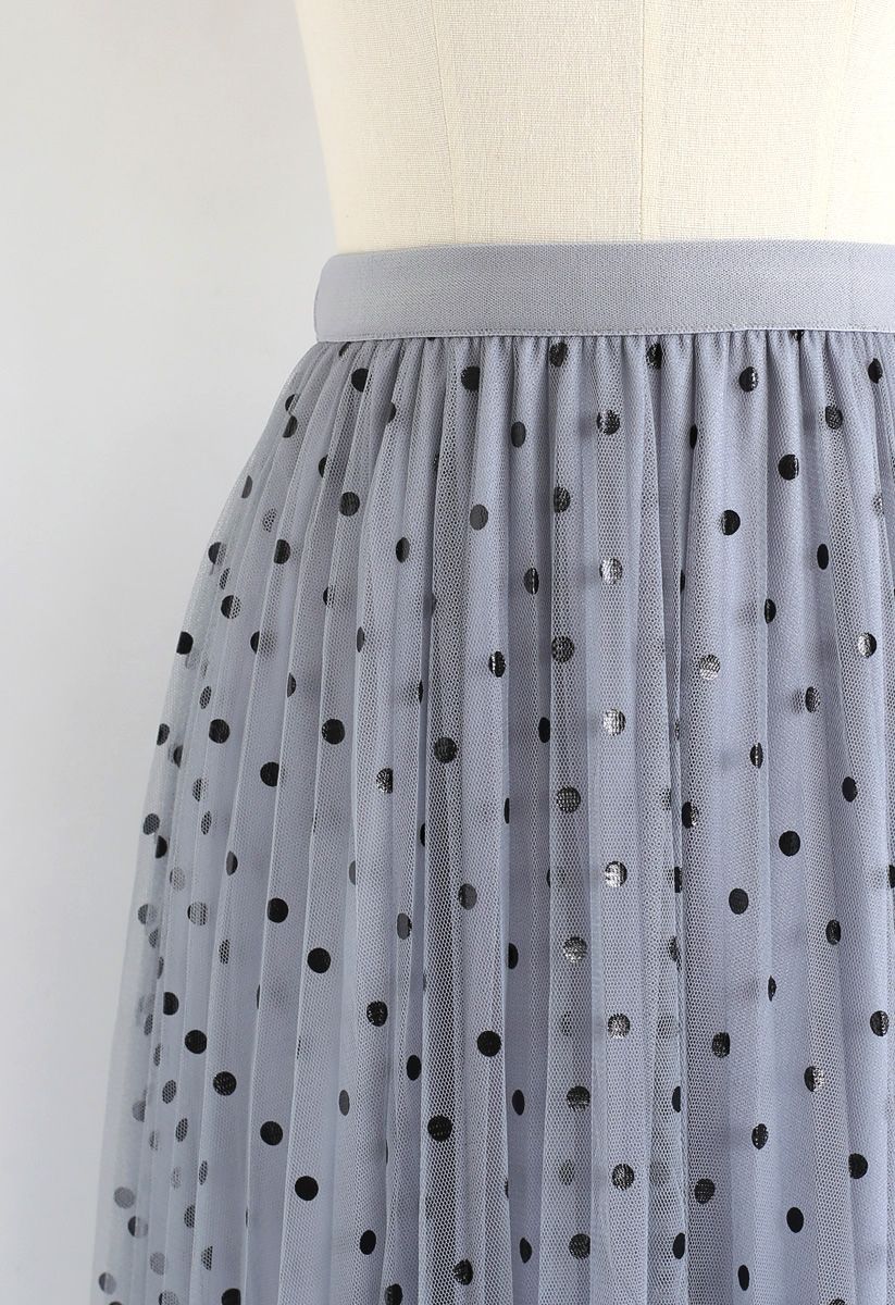 Polka Dot Double-Layered Mesh Tulle Skirt in Dusty Blue
