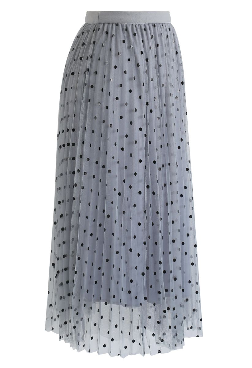Polka Dot Double-Layered Mesh Tulle Skirt in Dusty Blue