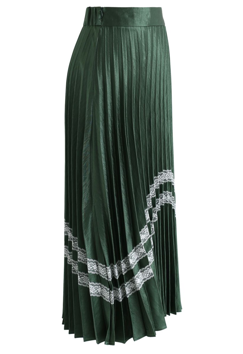 Lace Trimmed Satin Pleated Midi Skirt in Emerald