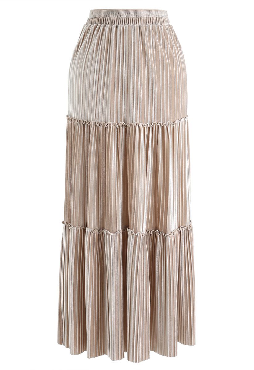 Full Pleated A-Line Velvet Skirt in Cream - Retro, Indie and Unique Fashion