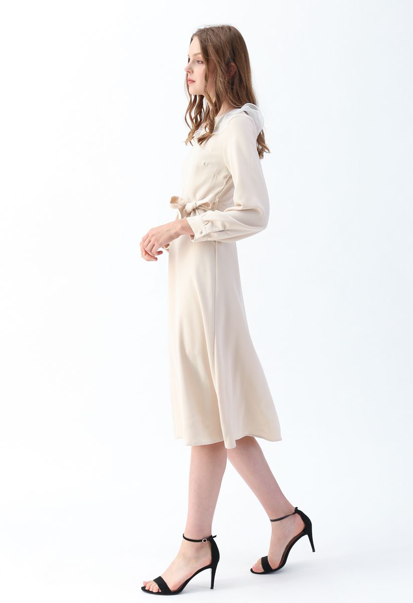 Organza Neck Belted Midi Dress in Cream