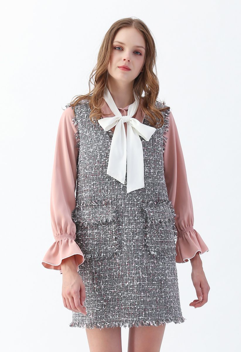 Flap Pockets Tweed V-Neck Shift Dress in Grey - Retro, Indie and Unique ...