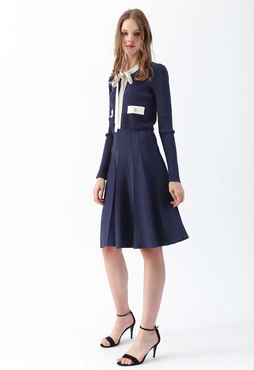 Bowknot Long Sleeves Knit Dress in Navy - Retro, Indie and Unique Fashion