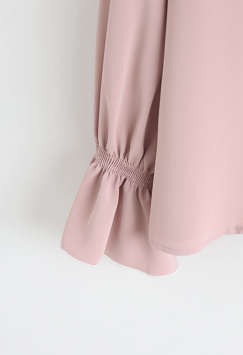 Contrasted Color Bow Neck Shirt in Pink