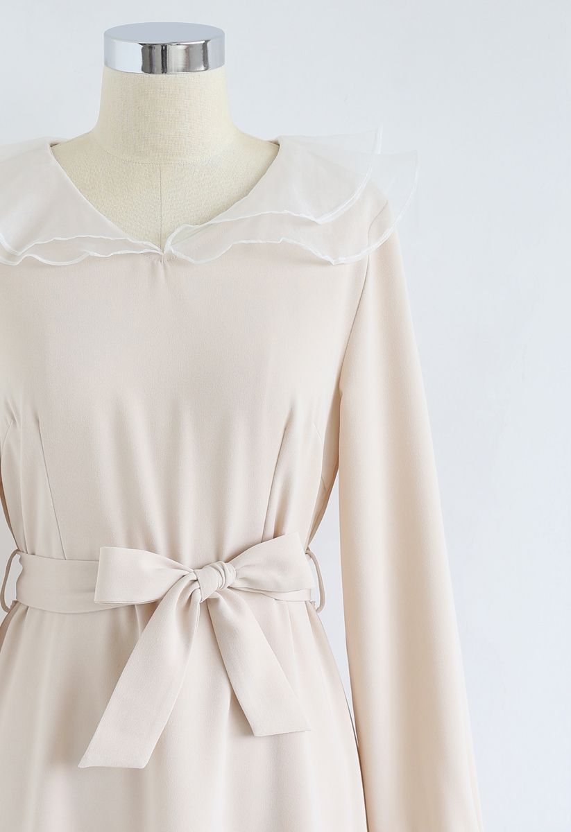 Organza Neck Belted Midi Dress in Cream - Retro, Indie and Unique Fashion